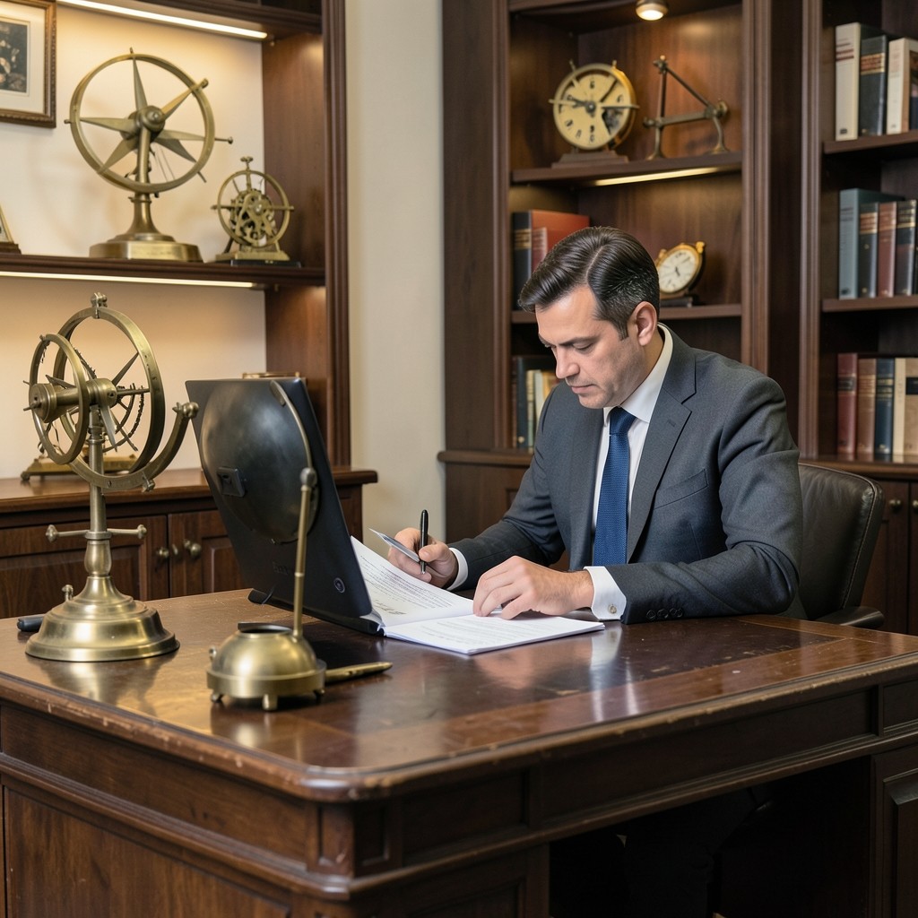 Consultora especializada en igualdad retributiva revisando documentación salarial en un despacho con instrumentos de precisión