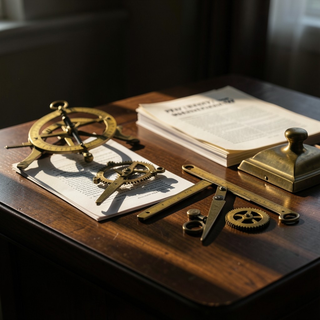 Instrumentos de medición y documentos retributivos sobre un escritorio de nogal oscuro